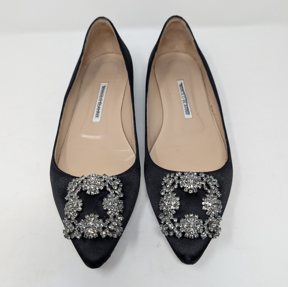 Manolo Blahnik Hangisi Satin Black Ballet Flats Size 39 Shoes - Picture 2 of 11